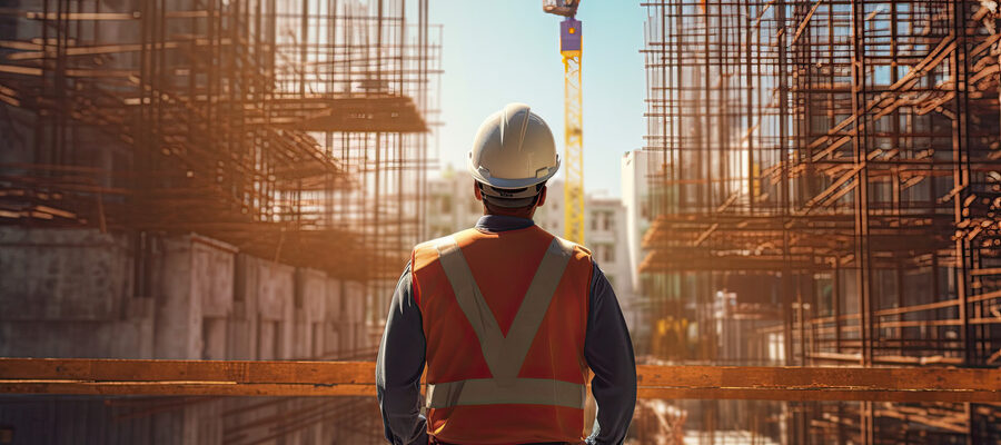 contractor stands looking at the construction site